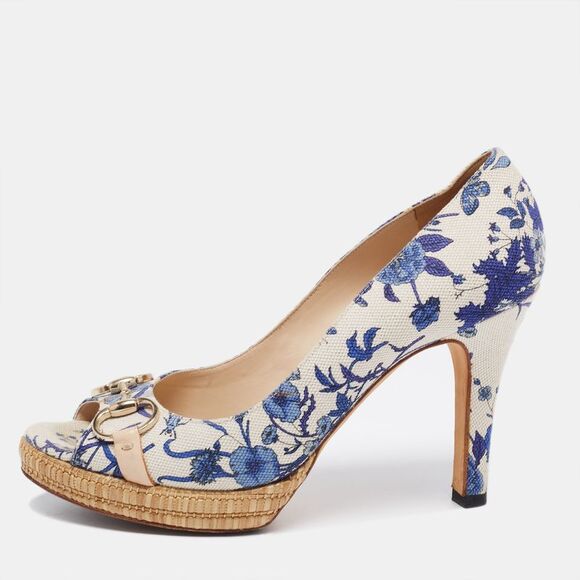 Gucci White/blue Floral Print Canvas Horsebit Peep Toe Platform Pumps Size 40.5